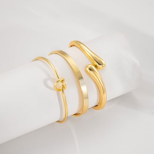 14K Gold Plated Stackable Bangle Bracelets for Women | Dainty Cuff Bracelets, Stackable for Women, Waterproof Bracelet Stack, Gold Jewelry Gifts Trendy Adjustable Accessories - color: 3-layer-D-Gold