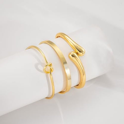 14K Gold Plated Stackable Bangle Bracelets for Women | Dainty Cuff Bracelets, Stackable for Women, Waterproof Bracelet Stack, Gold Jewelry Gifts Trendy Adjustable Accessories - color: 3-layer-D-Gold