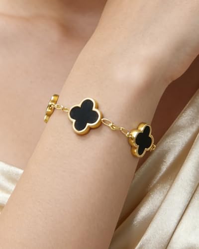 Four Leaf Clover Bracelet 18K Gold Plated Bracelets for Women Lucky Flower Design Stainless Steel Hypoallergenic Link Chain Adjustable Dainty Trendy Jewelry Gifts for Women - color: Black