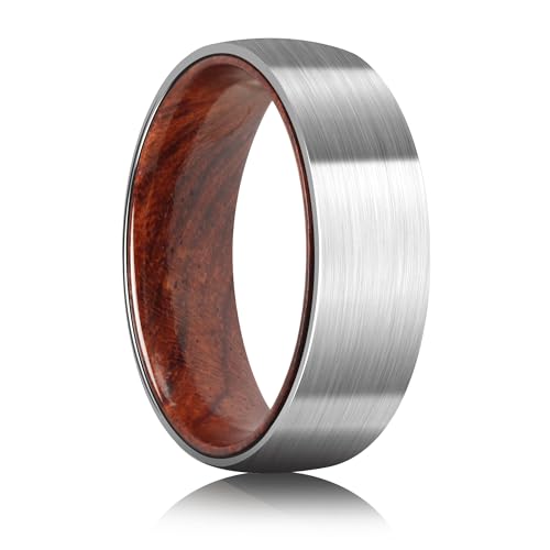 Tungsten Rings for Men Womens 8mm Black Silver Fashion Promise Wedding Band Carbide Inner Hole Inlaid Whiskey Barrel Wood Chamfer Frosted Matte Finish Edge Comfort Fit size 7-12 - color: silver rosewood