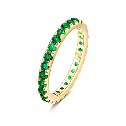 DAYBYDAY Sapphire/Emerald/Ruby Full Eternity Band Rings for Women, 2.4mm Thin Birthstone Stackable Rings, 925 Sterling Silver/14K Gold Plated Gemstone Wedding Band Anniversary Ring Size 6 to 10 - color: 05. Green Emerald, May, Gold Plated
