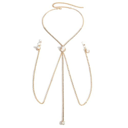 Sexy Rhinestone Pearl Tassel Non Piercing Nipple Chain Jewelry for Women Crystal Drop Chest Chain Festival Rave Nipple Body Jewelry for Party - color: Gold