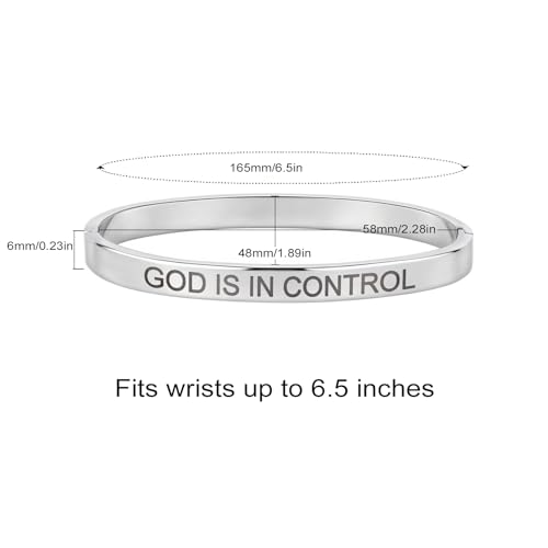 Inspirational Christian Bracelet for Women, Oval Engraved Bible Verse Love Bangle Cuff, Faith Scripture Jewelry, Religious Encouragement Gift for Mom Daughter Sister Friend - color: GOD IS IN CONTROL-Oval Bangle Silver