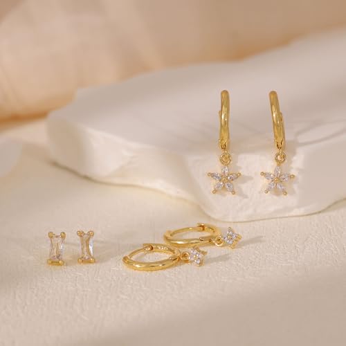 Gold Plated Earrings for Women, 14k Gold Plated Earring Stack Hypoallergenic Pearl Drop Earring Dainty Earrings for Women Trendy Cute Small Huggie Hoop Earring Fashion Womens Jewelry - color: flower set
