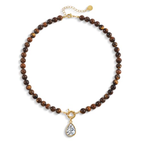 Beaded Gemstone Necklaces for Women Boho Beaded Choker Necklace | CZ Diamond Water Drop Pendant Necklace Natural Stone Jewelry Gifts - color: Brown