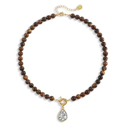 Beaded Gemstone Necklaces for Women Boho Beaded Choker Necklace | CZ Diamond Water Drop Pendant Necklace Natural Stone Jewelry Gifts - color: Brown