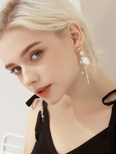 Kruckel Long Dangle Earrings for Women, White Floral Pearl-Inspired | Pearl Drop Earrings, Lightweight Gold-Tone Jewelry for Weddings, Parties, Bridesmaids, Birthdays and Occasion Gifts - color: White