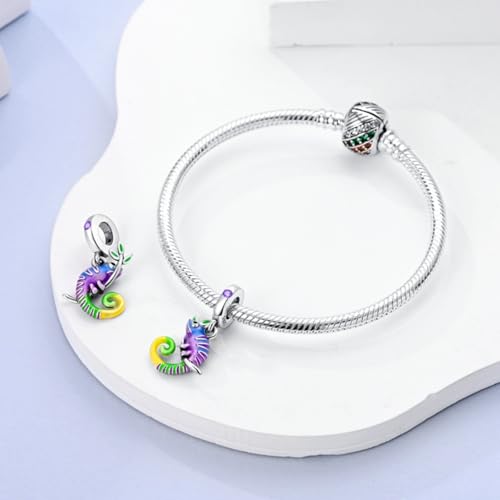 S925 Sterling Silver Cute Bead Charm for Pandora Bracelets and Necklaces | Lucky Clover Cute Animal Pink Bow Cherry Butterfly Pendant Bead Charms Jewelry Making Gifts for Women Valentines Mother's Day - style: Forest Chameleon Dangle Charm