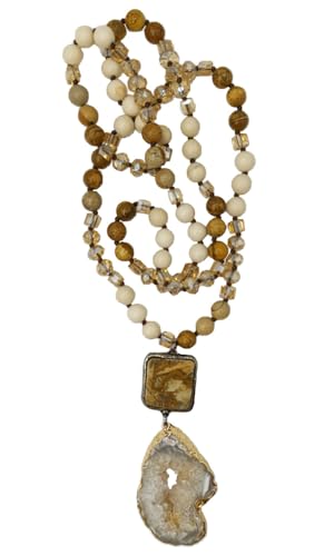 Yomisa Long Necklaces for Women Trendy, 33/34/35 inch | Boho Beaded Necklaces for Women, Natural Stone Pendant, Handmade Knotted Bead, Bohemian Holiday Summer Western Charm Jewelry - color: 34inch-Fossil
