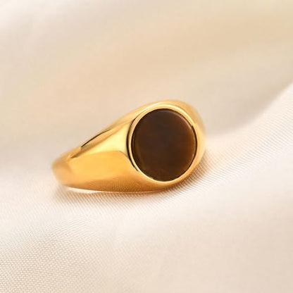 MYNENEY Stainless Steel Round Shape Classical Simple Plain Wedding Engagement Statement Pinky Band Signet Rings for Men Women Size 4-15 - color: Cat's eye-Gold