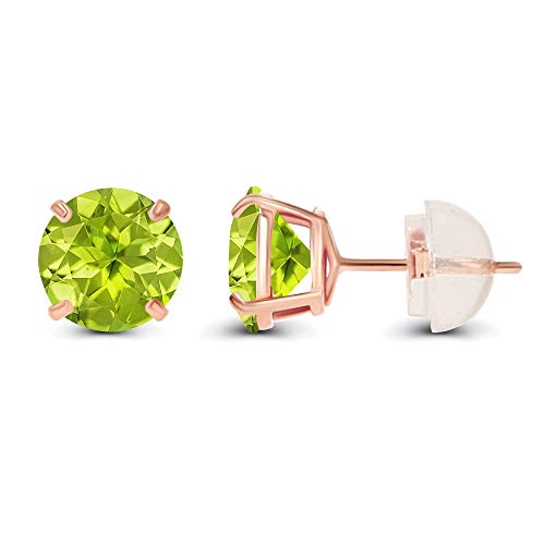 Solid 14K Yellow or White or Rose Gold 6mm Round Genuine Birthstone Gemstone Prong Set Stud Earrings For Women - color: Peridot