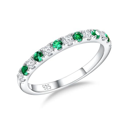 Birthstone Rings Eternity Band 925 Sterling Silver/Yellow Gold-Plated Created Gemstone Stackable Wedding Band 2.7mm Thin Half Eternity Rings for Women Size 6 to 10 - color: 05-Emerald-May