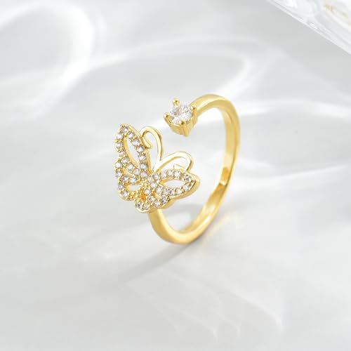 Adjustable Rings for Women 18K Gold Plated daisy Flower Butterfly Ball Cubic Zirconia Rings Dainty Open Stacking Ring - color: Butterfly-Gold
