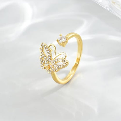 Adjustable Rings for Women 18K Gold Plated daisy Flower Butterfly Ball Cubic Zirconia Rings Dainty Open Stacking Ring - color: Butterfly-Gold
