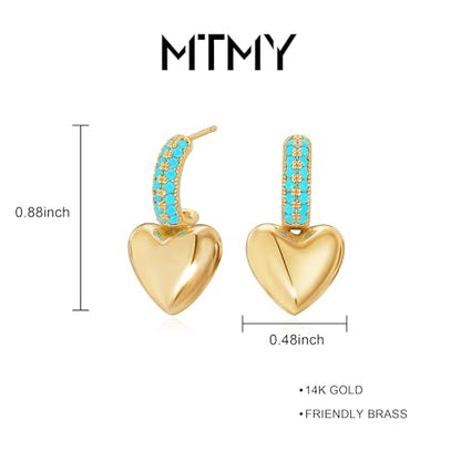 Heart Dangle Hoop Earrings for Women | 14K Gold Plated Love Heart Huggie Earrings, Hypoallergenic Dainty Jewelry Gift for Women - style: Heart-Tur