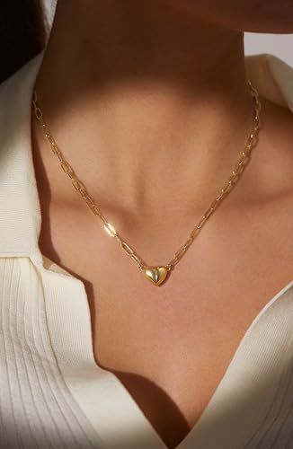 Robaice 14K Gold Plated Heart Pendant Necklace for Women | Simple non-tarnish heart jewelry for everyday wear, anniversaries, birthdays or meaningful gifting - color: Paperclip Chain, Gold