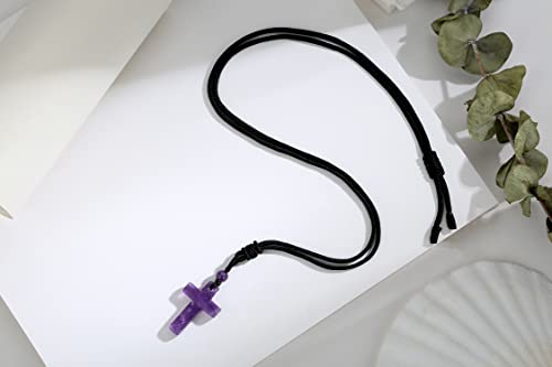 QINJIEJIE Cross Crystal Necklace Adjustable Black Rope Natural Gemstone Quartz Stone Necklaces for Men Women Father's Day Gift - color: Purple - Amethyst
