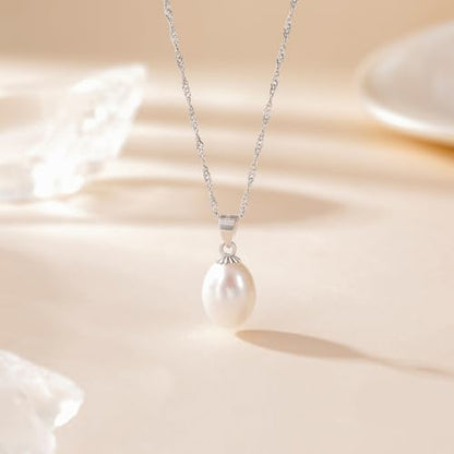 EAMTI Pearl Necklaces for Women Trendy 925 Sterling Silver Freshwater Cultured Single Pearl Necklace Dainty Pendant Necklace - color: Silver
