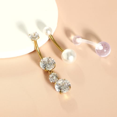 TIANCI FBYJS 3pcs G23 Titanium Pink Belly Button Rings Internally Threaded 10mm Clicker Reverse Curved Hoop Navel Barbell Piercing Jewelry CZ Belly Rings for Women Men - color: gold set3