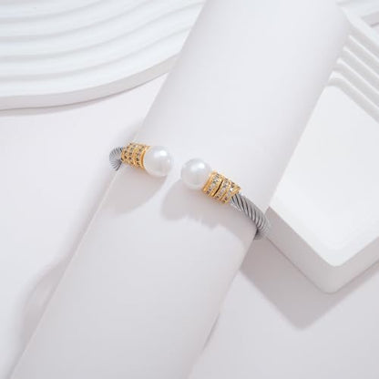 WOWORAMA Twisted Cable Wire Bracelets Two Tone Bangle Bracelet for Women | Stainless Steel, Unisex Gold Silver Bracelet, Mixed Metal Chunky Bangles Jewelry - color: Silver Pearl
