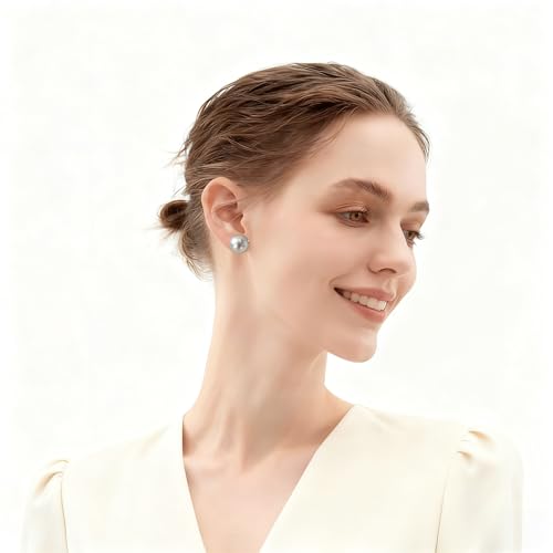 Grey Faux Pearl Stud Earrings, S925 Silver Posts Hypoallergenic for Women - color: Tahitian Platinum Grey, size: 14mm