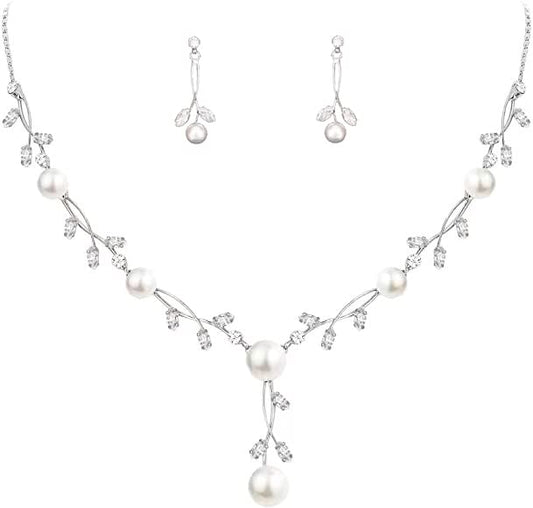 Luxury Cubic Zirconia Aurtrian Crystal Pearl Floral Necklace Dangle Earrings Wedding Bridal Jewelry Set Birthday Gifts for Her - color: Clear-Silver Plated