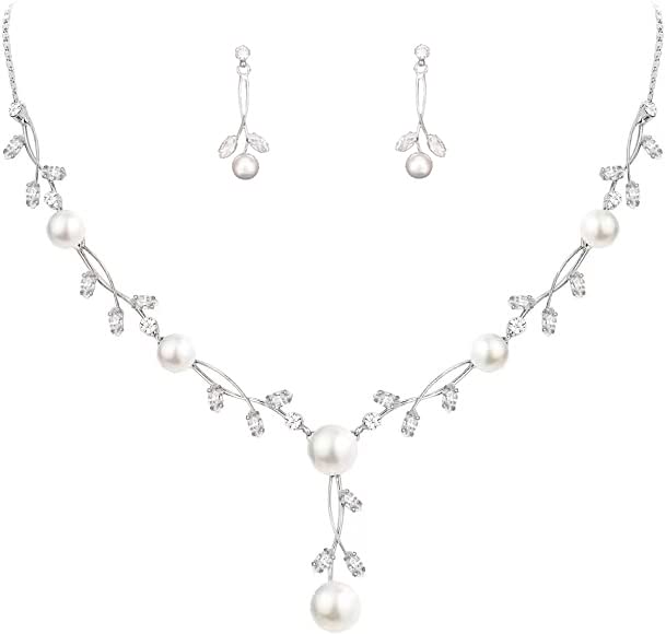 Luxury Cubic Zirconia Aurtrian Crystal Pearl Floral Necklace Dangle Earrings Wedding Bridal Jewelry Set Birthday Gifts for Her - color: Clear-Silver Plated