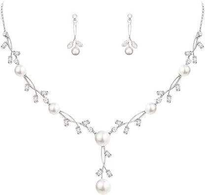 Luxury Cubic Zirconia Aurtrian Crystal Pearl Floral Necklace Dangle Earrings Wedding Bridal Jewelry Set Birthday Gifts for Her - color: Clear-Silver Plated