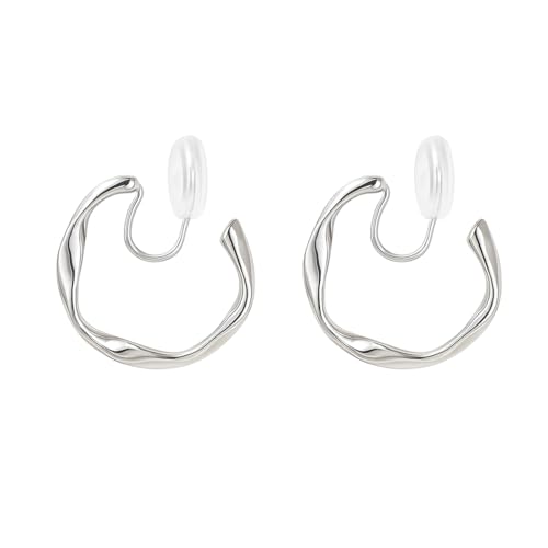 A Season Women Twisted Gold/Silver Round Clip On Hoop Earrings for Non Pierced Ears Hoops Earrings, Small/Medium/Large (Medium Silver)
