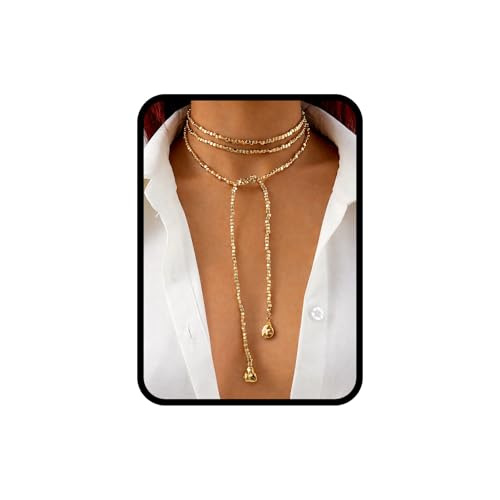 Green Beaded Lariat Necklace with Baroque Pearl Drops – Adjustable Wrap Y Style Jewelry, Beach and Bohemian Outfit Accessory for Women - color: Vintage Gold