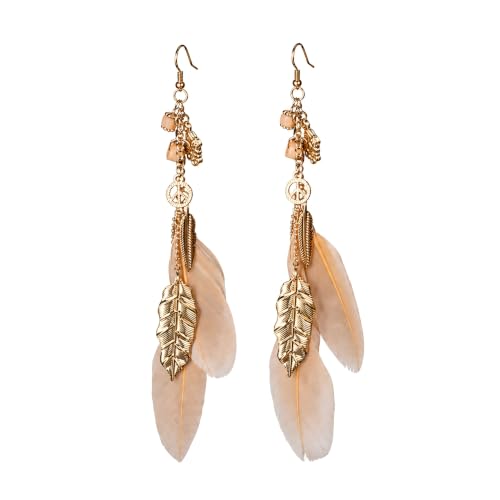 FRESHME Native American Earrings for Women - Ethnic Boho Feather Dangle Jewelry with Tessel for Birthday Party Photoshoot - color: Champagne