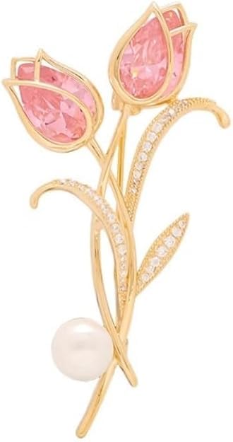 coadipress Tulip Floral Brooch Pin for Women Dainty Gold Plated Rhinestone Pearl Tulip Flower Green Leaf Broochs Pins Trendy Wedding Party Jewelry Accessories - style: PINK CZ