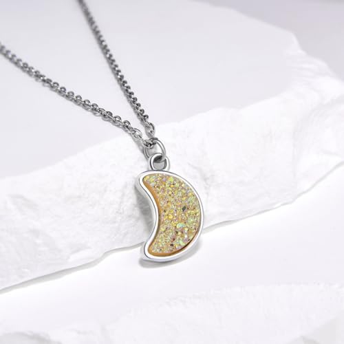 Adabele Natural Druzy Necklace Small Tiny Moon Gemstone Pendant 18 inch Sparkly Agate Stone Crystal Women Jewelry Tarnish Resistant Stainless Steel/Gold Plated Chain - color: Crystal AB druzy - stainless steel
