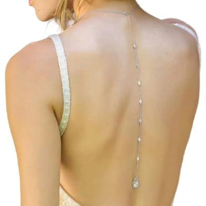 Rhinestone Backdrop Body Chain Jewelry Sexy Simple Long Body Chain Necklace Bridal Wedding Backdrop Backless Dress Accessories Jewelry for Women - color: Silver