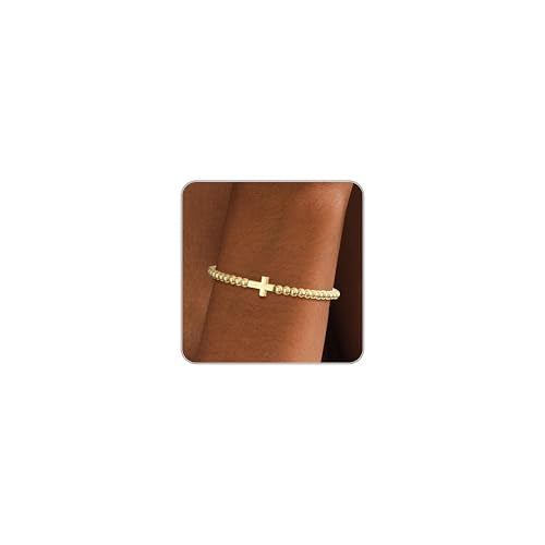 Beaded Bracelets for Women 14K Silver Gold Plated Stretch Handmade Ball Bracelets Cute Charm Bracelet Dainty Stackable Cross Heart Bow Wave CZ Circle Trendy Jewelry Easter Gifts - color: cross
