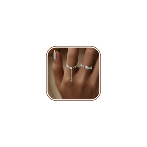 925 Sterling Silver Adjustable Link Chain Rings for Women Daughter | Dainty 14k Gold Plated Evil Eye/Cross/Flower Ring Sparkly Twist Rope with Bead Dangle Stackable Ring Jewelry Birthday Gifts - color: Style 2-Silver