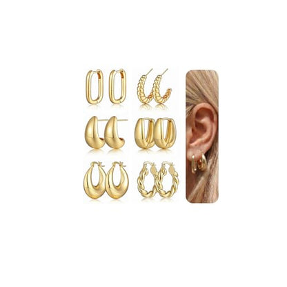 6 Pairs Gold Hoop Earrings Set for Women, 14K Gold Plated Lightweight Chunky Twisted Huggie Hoops, Hypoallergenic Small Thick Hoop Multipack Jewelry Gift - color: Twisted Gold