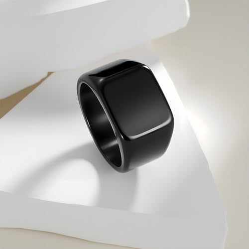 Mens Stainless Steel Plain Signet Rings 4/7/10/14MM Rectangular Pinky Rings | High Polish Classic Blank Thumb Rings, Everyday Comfit Wear, Gift for Men - color: Black14