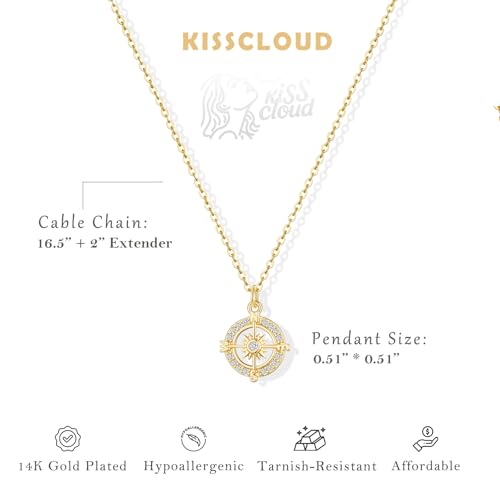 Gold Silver Necklace for Women, Dainty Cubic Zirconia Pendant | Teardrop CZ Charm, 14K Gold/Sterling Silver Plated, Adjustable Chain, Hypoallergenic & Waterproof Jewelry, Cute Trendy Gift - color: Gold-CZ compass/cable chain