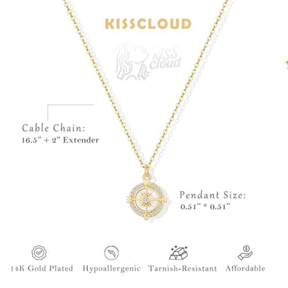 Gold Silver Necklace for Women, Dainty Cubic Zirconia Pendant | Teardrop CZ Charm, 14K Gold/Sterling Silver Plated, Adjustable Chain, Hypoallergenic & Waterproof Jewelry, Cute Trendy Gift - color: Gold-CZ compass/cable chain