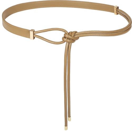 Women's Knotted Thin Waist Belt PU Leather Skinny Belts for Dresses Pants - color: Khaki