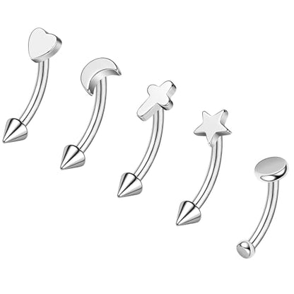 ZS 5Pcs Stainless Steel Eyebrow Rings, 16G Curved Belly Rings Navel Barbell Helix Daith Tragus Earrings Spike Vertical Labret Lip Piercing Jewelry - color: Sliver,L:8mm