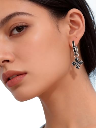 925 Silver Dangle Earrings for Women Sparkly Trendy Dainty Cute Crown Heart Cross CZ Drop Earring Fun Bling Asymmetrical 2000s Y2k Fashion Huggie Hoops Dangling Streetwear Jewelry Accessories - color: Bk