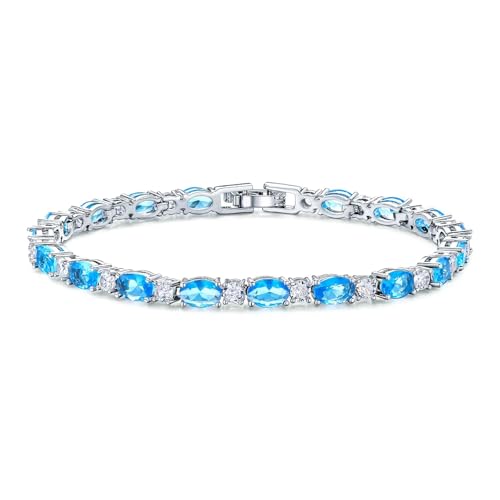 Classic Oval Birthstone Tennis Bracelet for Women - 4 * 6mm Cubic Zirconia Tennis Bracelet Jewelry Birthday Anniversary Wedding Valentine's Day Gift for Her Wife Girlfriend Mom-Size 7.0" - color: 12-Dec-Zircon Blue