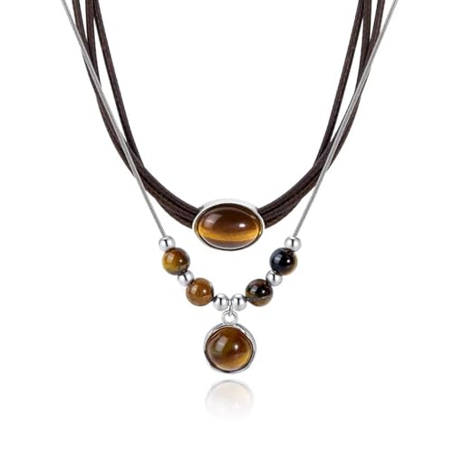 Boho Tiger's Eye Pendant Necklace for Women, Natural Stone Wax Rope Cord Choker, Beautiful Crystal Jewelry Gift with Gift Box