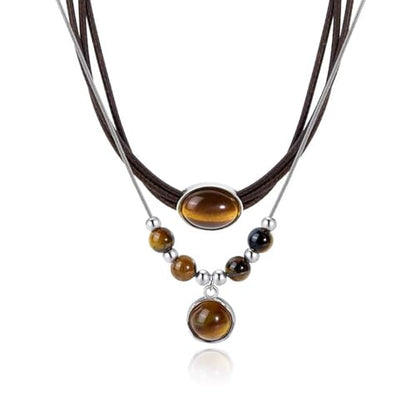 Boho Tiger's Eye Pendant Necklace for Women, Natural Stone Wax Rope Cord Choker, Beautiful Crystal Jewelry Gift with Gift Box