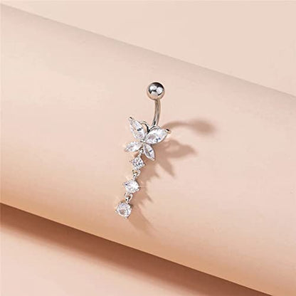 MODRSA Gold Belly Button Ring Dangle Belly Rings Silver Pink Dangling Dangly Belly Button Piercing Hypoallergenic Surgical Steel Opal Butterfly Navel Rings for Women Cute Dainty Navel Jewelry - color: A41-3pcs dangle- silver
