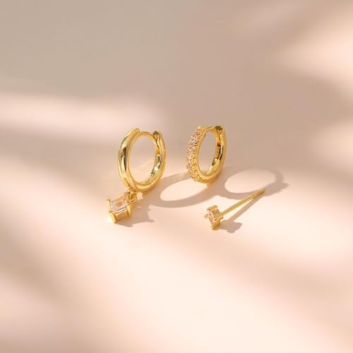3 Pairs Earring Stacks, Gold Earring Set Jewelry Gift for Women | Small, 14K Gold/White Gold/Black/Rose Gold Plated, Hypoallergenic, Her, Everday, Stackable, Simple, 3 Holes - color: Gold-Rhombus CZ