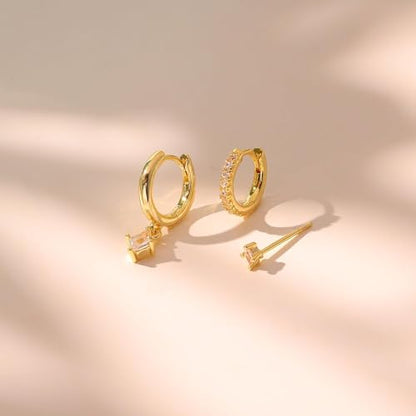 3 Pairs Earring Stacks, Gold Earring Set Jewelry Gift for Women | Small, 14K Gold/White Gold/Black/Rose Gold Plated, Hypoallergenic, Her, Everday, Stackable, Simple, 3 Holes - color: Gold-Rhombus CZ