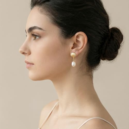Pearl Earrings VeroSteel Dangle Earrings for Women, Dainty 14k Gold Huggie Hoop Earrings with Pearls, Trendy Pearl Drop Earrings, Stainless Steel Hypoallergenic Stud Earrings For Sensitive Ears - style: Shell